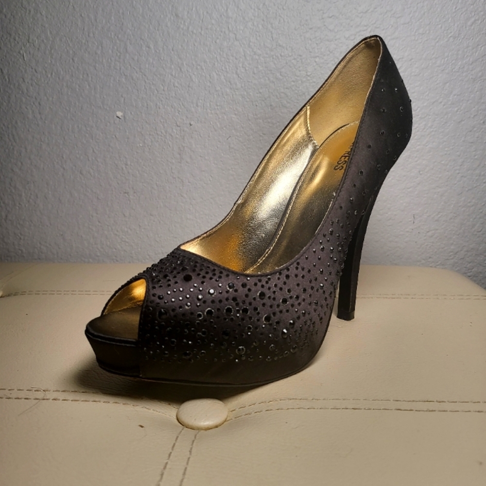 Black satin studded heels